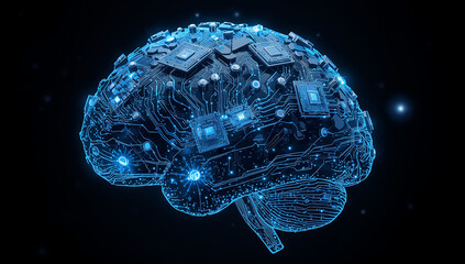 Futuristic Human Brain Sculpture with Integrated Circuitry and Lights