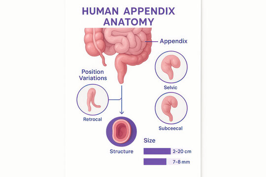 Medical illustration of human appendix anatomy and position variations
