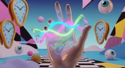 Surreal Dreamscape with Abstract Hand, Melting Clocks, and Floating Eyeballs