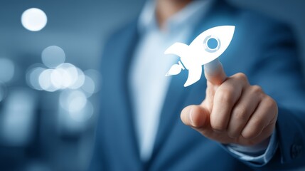 Businessman launching startup with futuristic interface concept