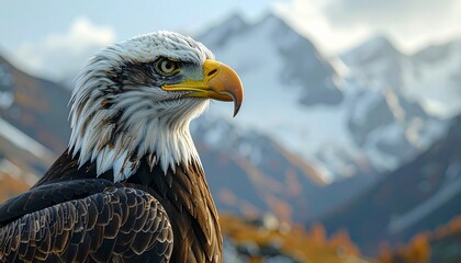 Obraz premium Bald eagle against a mountain backdrop, a cinematic portrait of majestic power, wild nature, and bird of prey beauty.