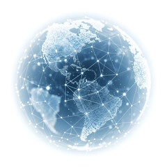 Digital globe with interconnected network of glowing dots and lines, representing global connectivity