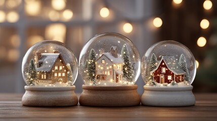 Three elegant christmas snow globes with golden lights, festive holiday decoration template and winter mockup for seasonal design, celebration backgrounds, and creative christmas projects
