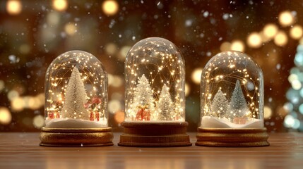 Three elegant christmas snow globes with golden lights, festive holiday decoration template and winter mockup for seasonal design, celebration backgrounds, and creative christmas projects
