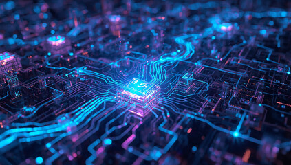 Abstract Glowing Microchip on a Circuit Board with Data Flow