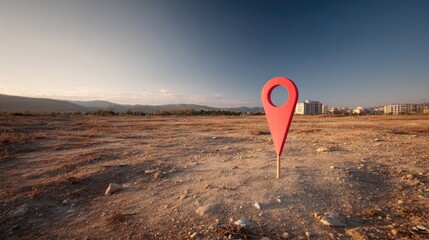 A red map marker on a barren landscape with a city skyline in the distance.