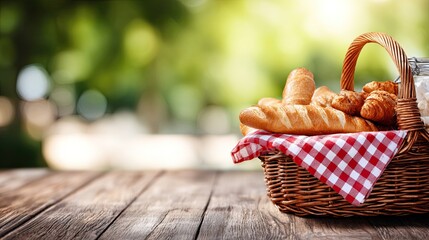 A basket of freshly baked bread and pastries on a wooden table with a checkered cloth.