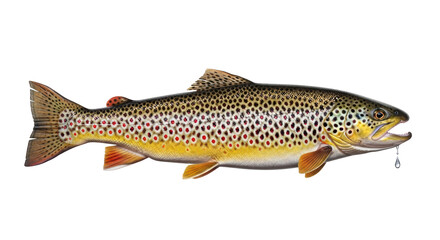 Isolated Brown Trout swimming with open mouth, fish with spots, a drop of water hanging
