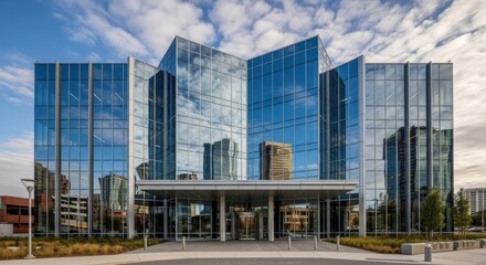 Modern glass office building facade with a large entrance canopy.