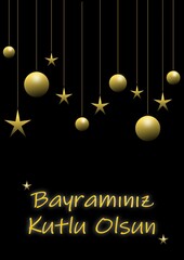 Golden festive greeting card design with hanging stars and ornaments on black background, featuring Turkish text "Bayramınız Kutlu Olsun".