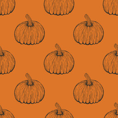 Hand drawn pumpkin seamless pattern on orange background. Autumn vegetable sketch for halloween or fall holiday design. Vintage thanksgiving harvest print for fabric or wallpaper. 