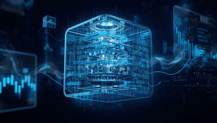 Transparent 3D Cube with Central AI Processor and Digital Circuitry