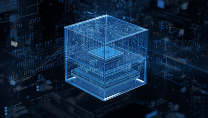 Transparent 3D Cube with Central AI Processor and Digital Circuitry