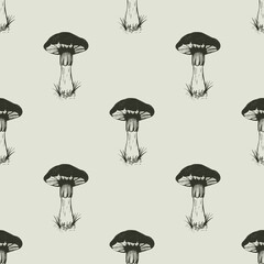 Hand drawn mushroom seamless pattern. Vintage gothic toadstool sketch for witchcraft or cottagecore designs. Mystical forest fungus print for fabric. Dark academia botanical texture for wallpaper.