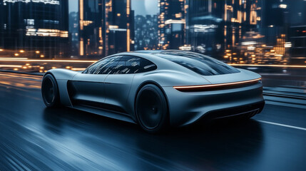 Fototapeta premium Modern Car in Motion on a City Street with Motion Blur Effect