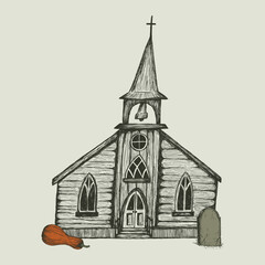 Gothic vector illustration of old wooden church with pumpkin, tombstone. Hand drawn halloween sketch. Spooky southern gothic chapel for horror design. Creepy vintage cemetery building isolated.