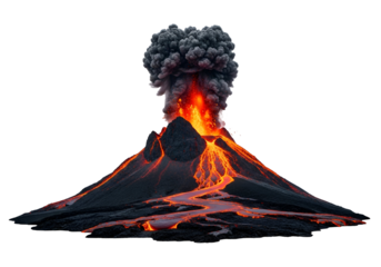 A dramatic eruption of a volcano, showcasing molten lava flows against a dark background.