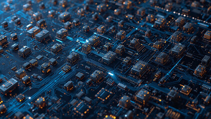 Close-up of a Futuristic Microchip on a Circuit Board with Glowing Lines