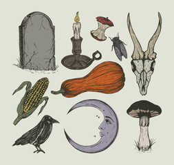 Colored vector set of vintage Halloween illustrations. Hand-drawn gothic icons like a tombstone, skull, and crescent moon in a spooky, retro engraving style for autumn projects.