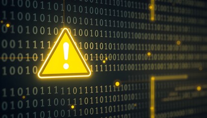 A glowing yellow warning triangle with an exclamation mark over a background of binary code, representing a digital alert.