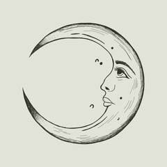 Elegant, hand-drawn vector illustration of a crescent moon with a face. Mystical celestial symbol in a vintage engraving style, ideal for astrology or occult themes.