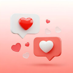 Two speech bubbles with hearts inside, representing likes and love, floating against a soft pink gradient background