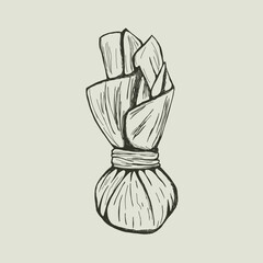 Vector illustration of a magic pouch or voodoo bag. Hand drawn sketch of a charm, amulet or herbal sachet. Also for spa compress, spice or tea bag. Witchcraft or apothecary element isolated.