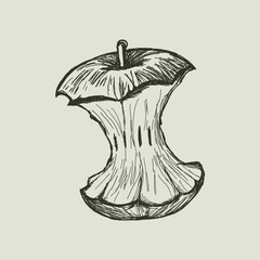 Gothic vector illustration of an apple core. Hand drawn vintage sketch of fruit waste or decay. Macabre vanitas symbol for tattoo design. Monochrome eaten apple icon isolated.