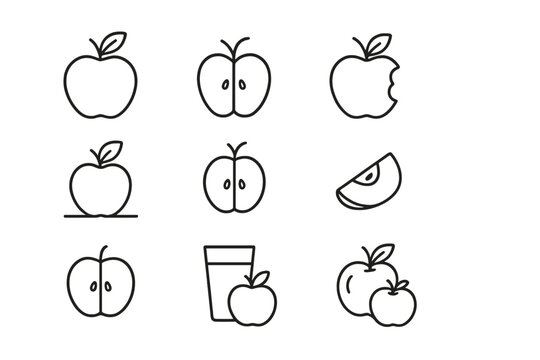 Vector apple fruit icon collection. Thin linear style symbols. Set of whole, sliced, half, bitten apple, and fresh juice glass. Healthy eating and diet concept. Editable stroke.