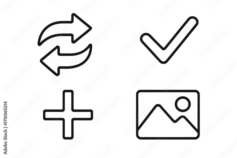 Poster ui icon set for web app. reload arrows, success checkmark, add plus, image gallery. minimalist outli