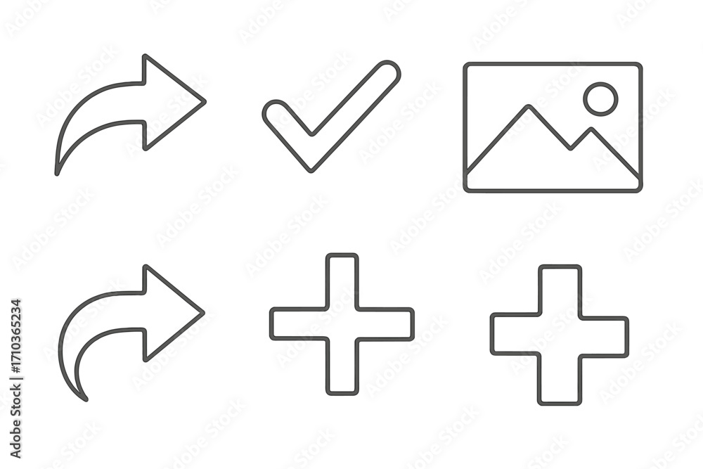 Poster simple line icon set with arrows, checkmark, plus sign and picture symbol. editable stroke. for web 