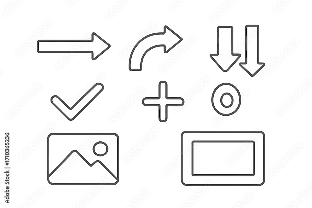 Poster essential ui icon set. arrow, checkmark, plus, download, image gallery symbols. vector line icons wi