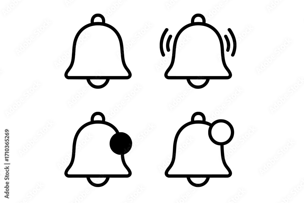 Poster bell notification icons set. thin line vector symbols for user interface design. includes ringing be