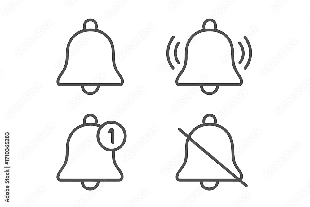 Poster notification bell icon set vector. outline ringing, silent, new message alert. ui ux design element.