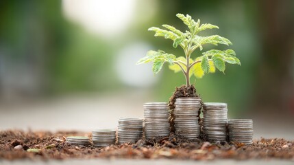 A green plant growing from a pile of coins on a soil-covered surface.