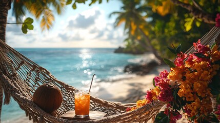 Tropical Beach Hammock with Refreshing Drink at Sunset Landscape Relaxation Scene On Beach Vacation Paradise Summer Day Golden Hour Exotic Blooms Coastal Serenity Seaside Recreation Island Getaway