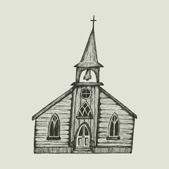 Southern gothic vector illustration of an old wooden church. Hand drawn vintage sketch for horror design. Macabre chapel building icon for halloween. Creepy country or western architecture isolated.