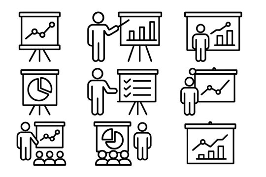 Presentation line icon set. Business seminar, data analysis, and corporate training symbols. Speaker, chart, graph, and audience vector icons for infographics. Editable stroke.