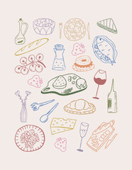 Colorful vector illustration set of cafe and restaurant food. Hand drawn doodle collection with pasta, cheese, wine. | Retro sketch icons for menu. Italian and french cuisine