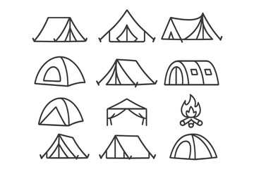 Camping and hiking icon set. Tent, campfire, shelter outline symbols. Line art vector illustration for outdoor adventure, travel, tourism. For web design, mobile app, ui, ux.