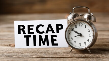 Vintage alarm clock on rustic wood table with recap time sign