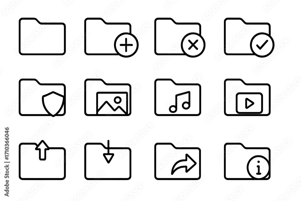 Poster folder icon set in thin line style. file management, data storage, and document signs. outline symbo