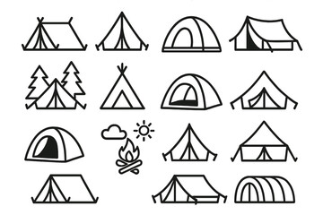 Camping tent line icon set. Outdoor adventure, hiking, and travel outline signs. Vector collection for web design, apps. Campfire, forest, nature symbols. Teepee, dome tent.