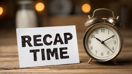 Vintage alarm clock and recap time card on wooden table