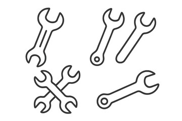Naklejka premium Wrench line icon set. Spanner, repair tool pictogram bundle. Editable stroke. Minimal linear vector illustration for mechanics, plumbing, maintenance and settings symbols.
