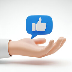 3d hand holding a blue speech bubble with a white thumbs up icon isolated on white background