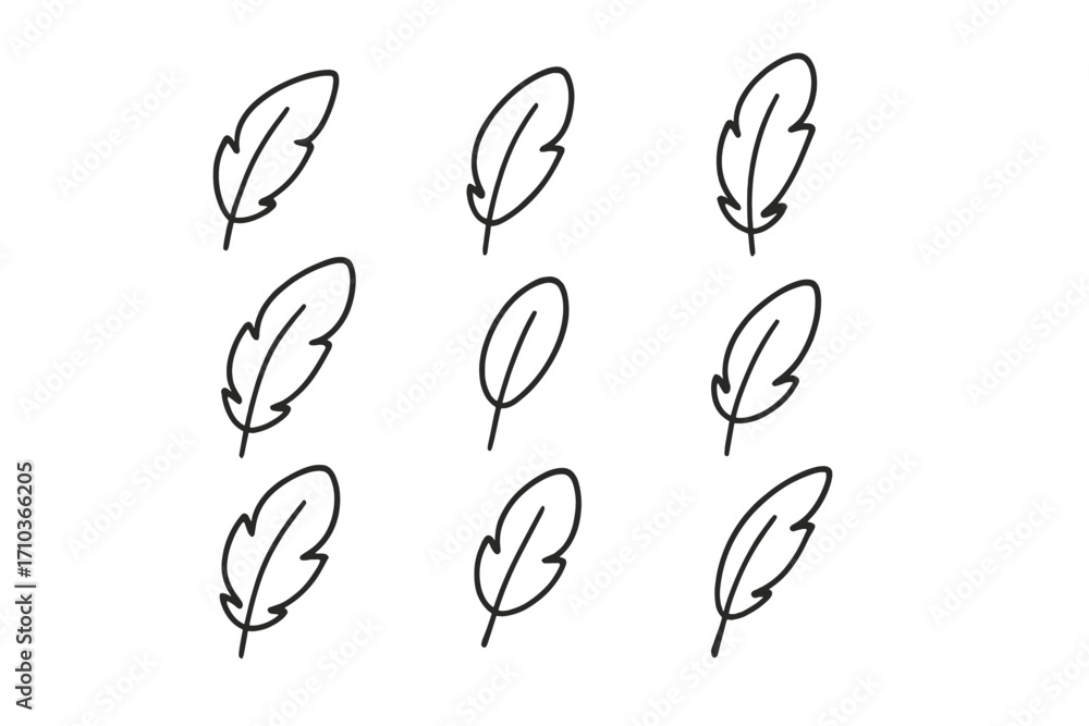 Poster feather outline simple linear icon collection. hand-drawn minimalist bird quill sketch set. concept 