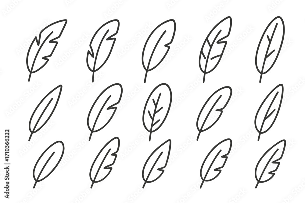 Poster feather line icon set. minimalist bird quill symbols. vector outline illustration collection for lig