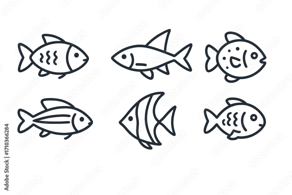 Poster fish icon set collection in a modern simple outline style. linear vector symbols of aquatic animals.
