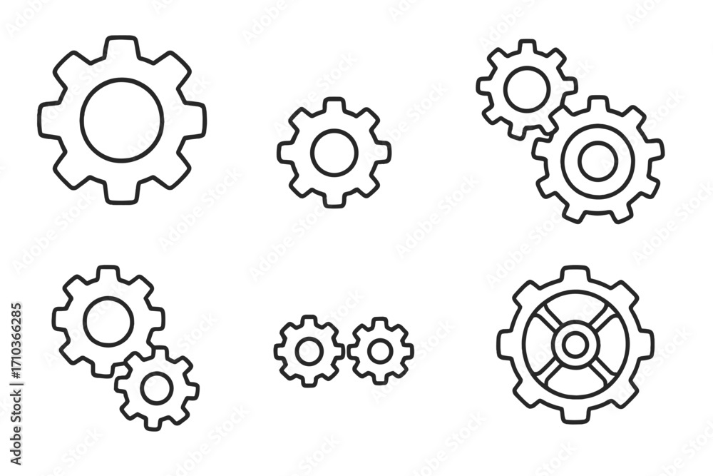 Poster gear cogwheel icon set. outline machine mechanism. vector cog wheel collection. technology, engineer
